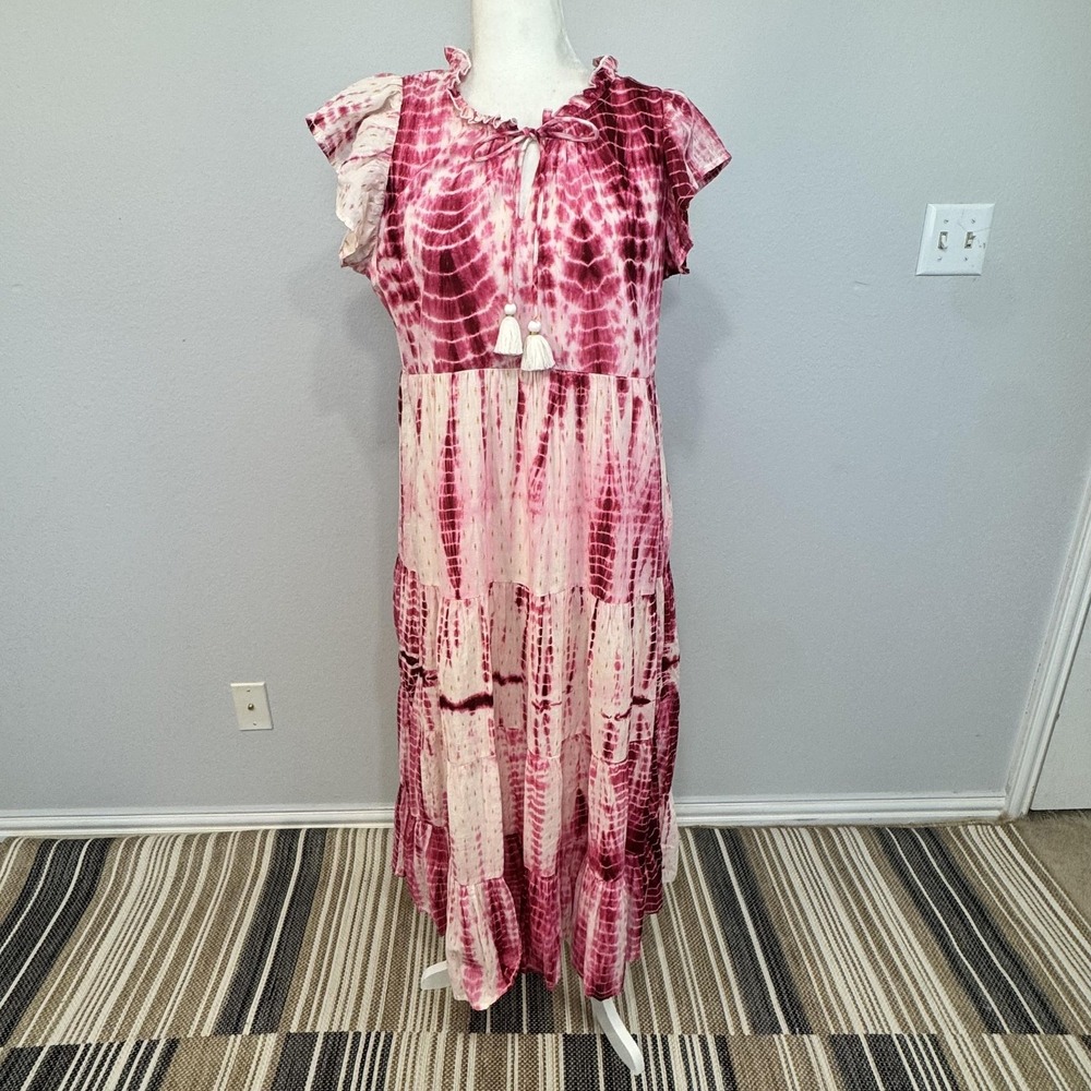 THML Dress Womens Medium Pink Tie Dye Maxi Flutter Sleeve Tassel Boho Sundress